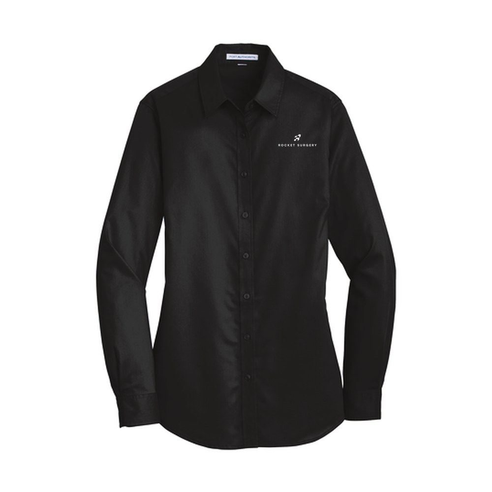 Front of women's black long-sleeve collared shirt with white Rocket Surgery logo on the left chest