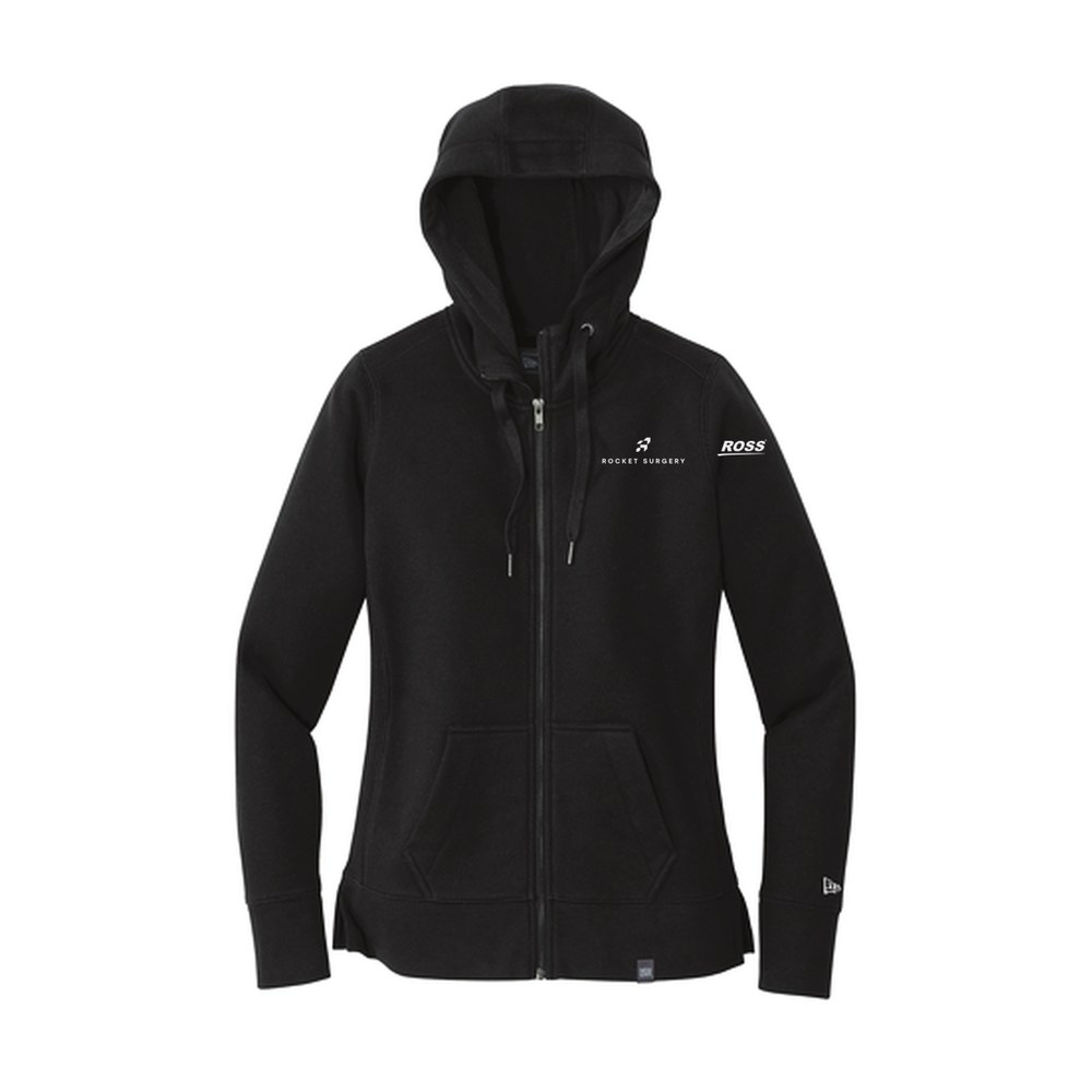 Women's black full-zip hoodie with white Rocket Surgery logo on the left chest and Ross logo on the left sleeve